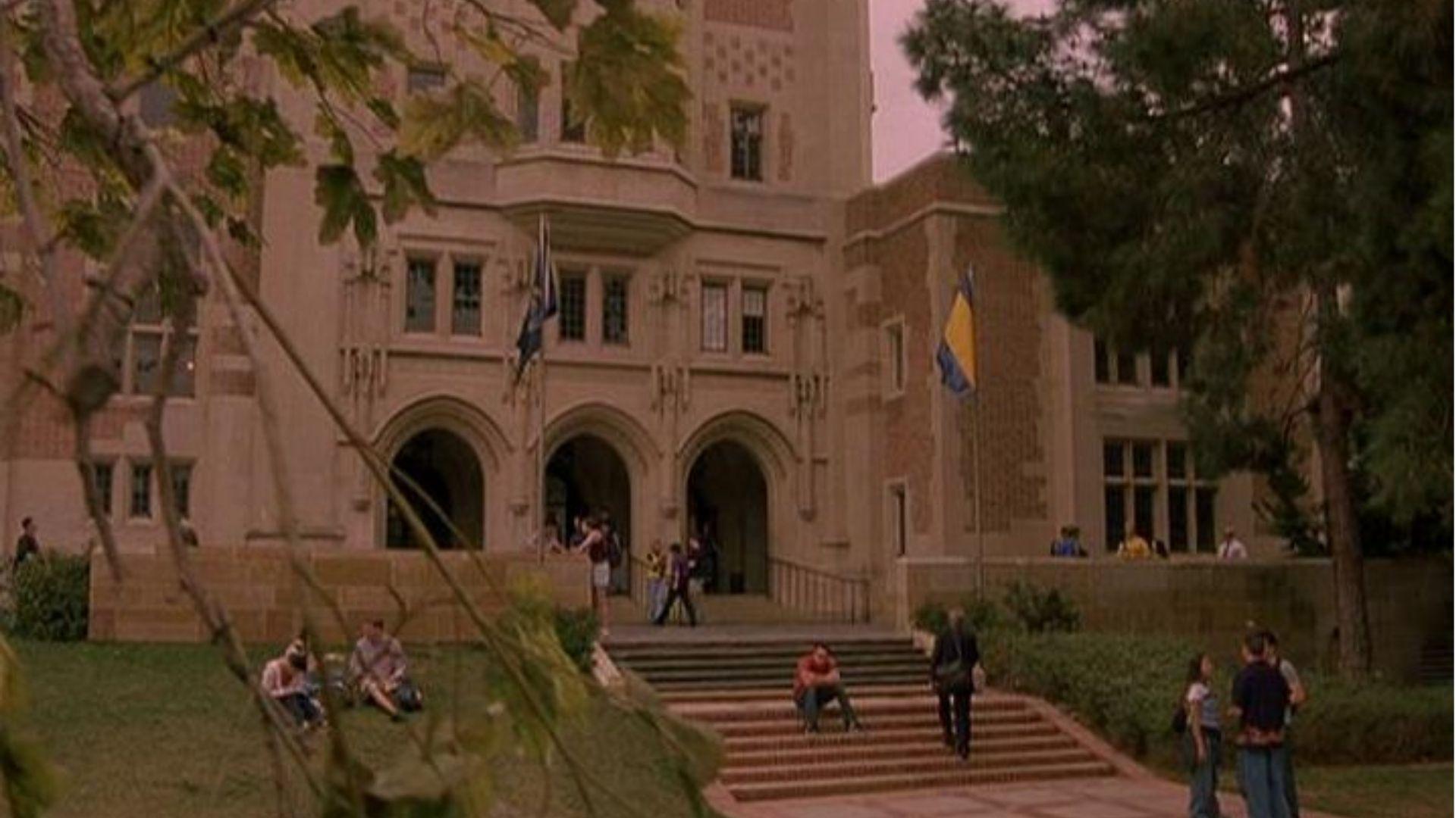 Students gather on the steps of a grand sandstone university building with blue and gold flags.