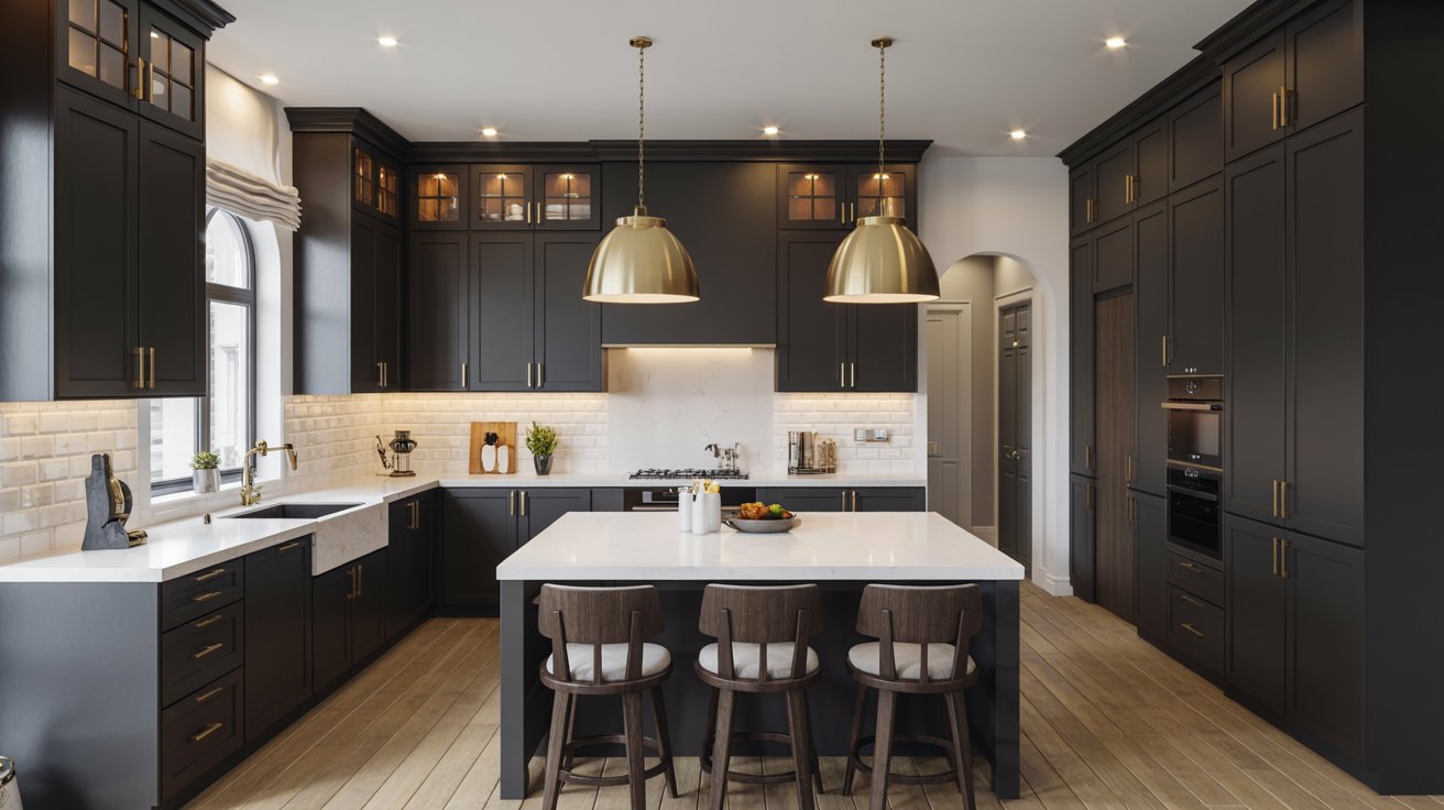 Black kitchen with matte cabinets, white countertops, and brass hardware.