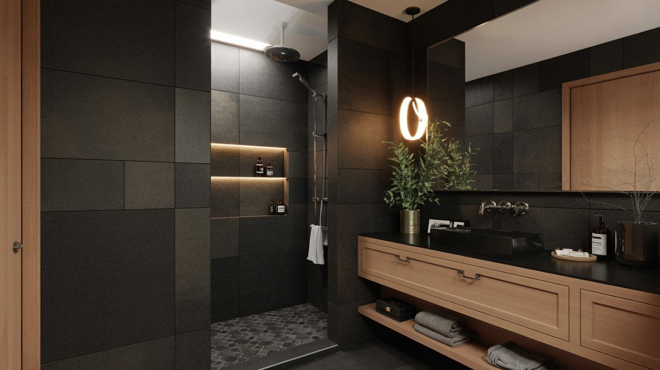 Black bathroom with dark tile, wood accents, and a spa-inspired atmosphere.