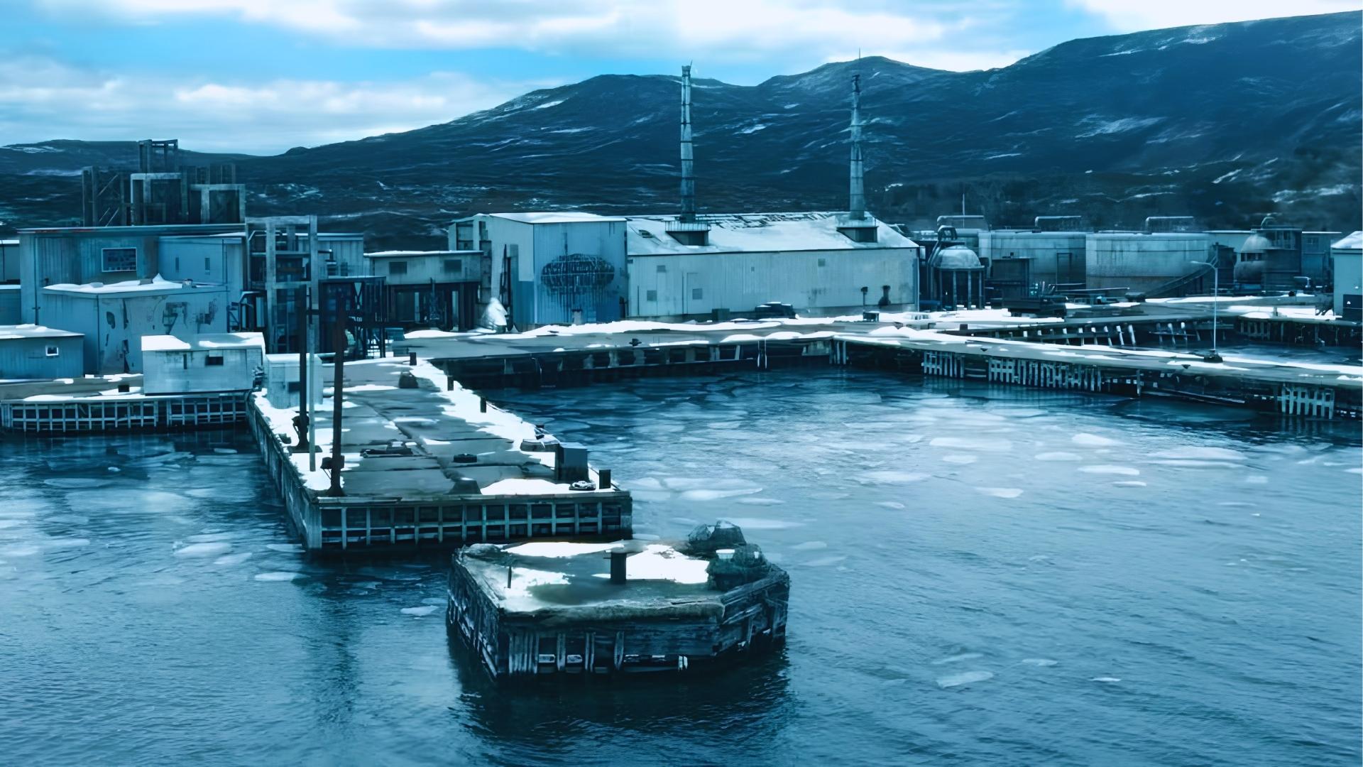 Snowy industrial dock at Salt’s Neck, Severance Season 2 filming location.