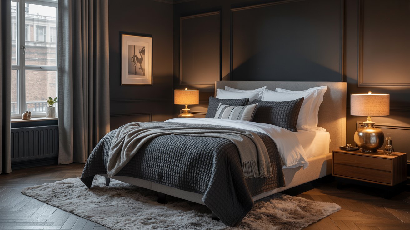 Cozy bedroom with black walls, soft bedding, warm lighting, and layered textures.