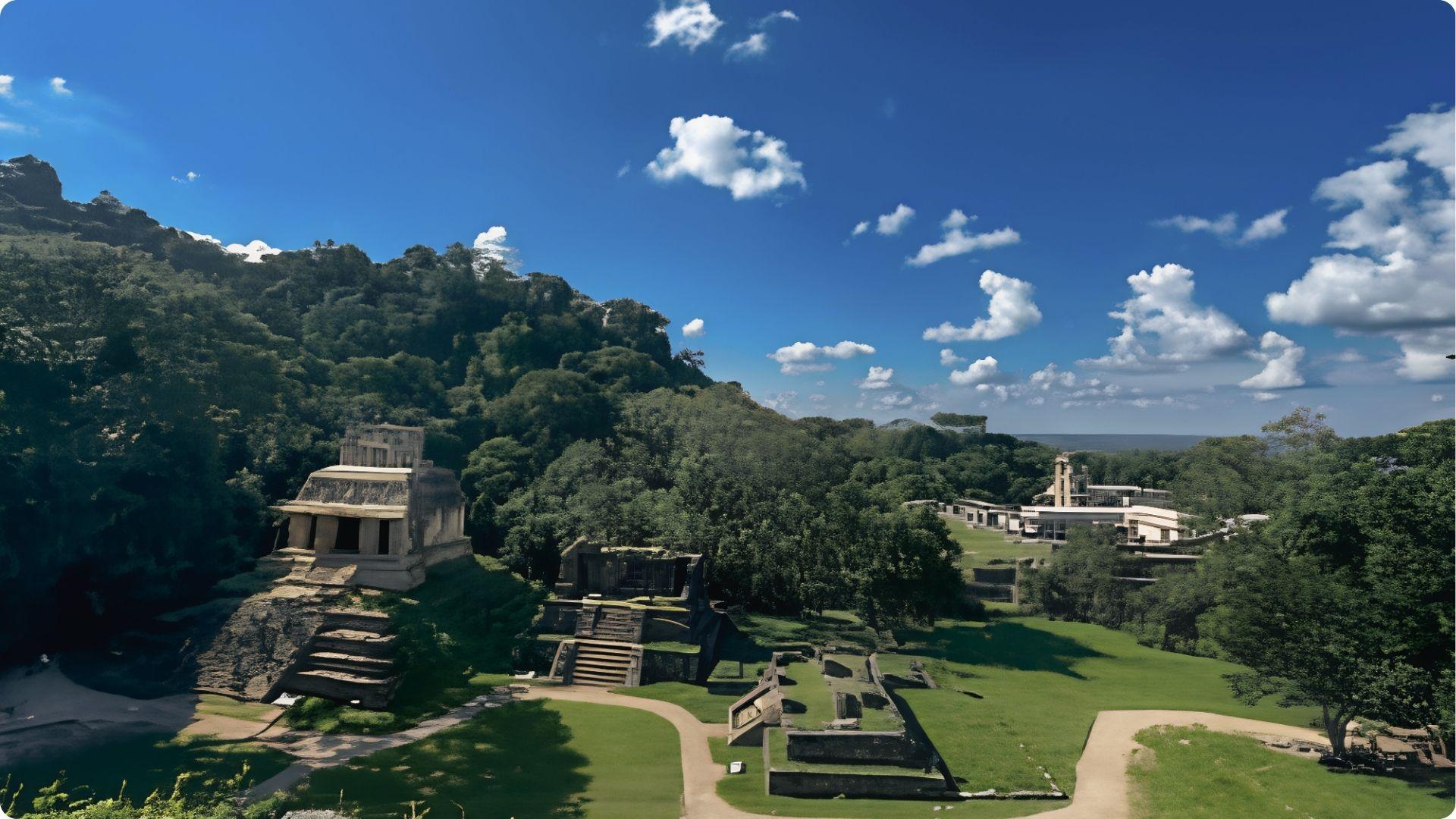 Ancient Mayan ruins of Palenque surrounded by dense jungle, featured in Predator movie scenes.