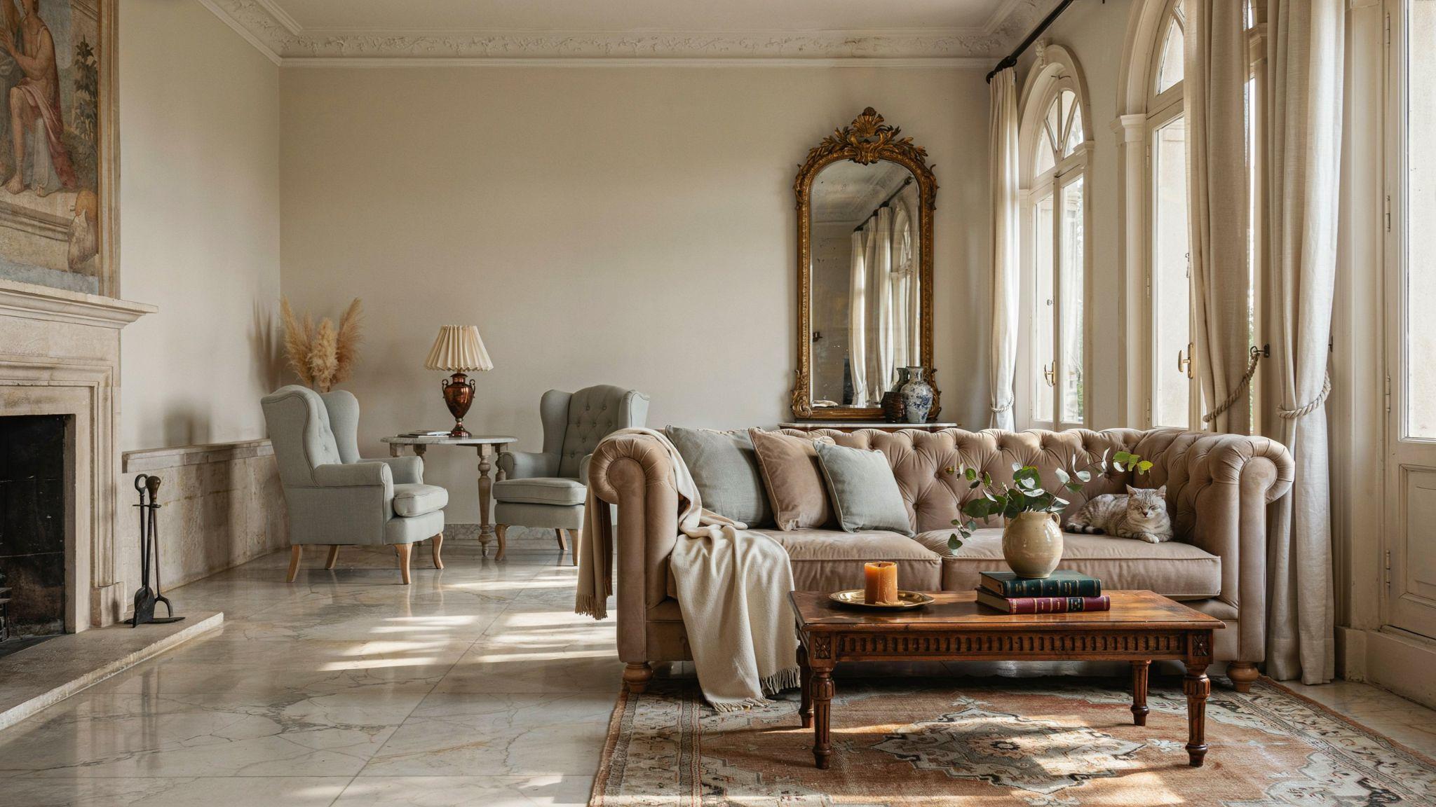 Italian villa interior with marble floors, arched windows, and elegant neutral decor in a bright space.
