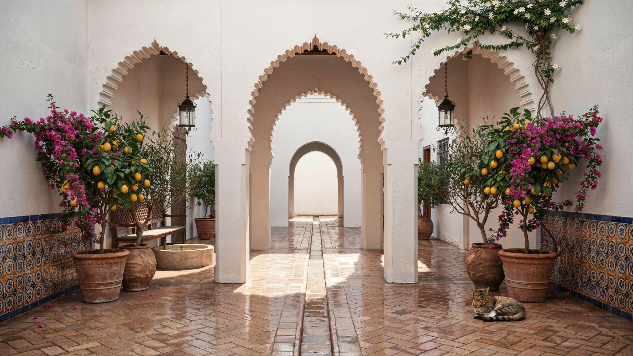 Andalusian-style interior with colorful tiles, arches, and courtyard-inspired Mediterranean design.