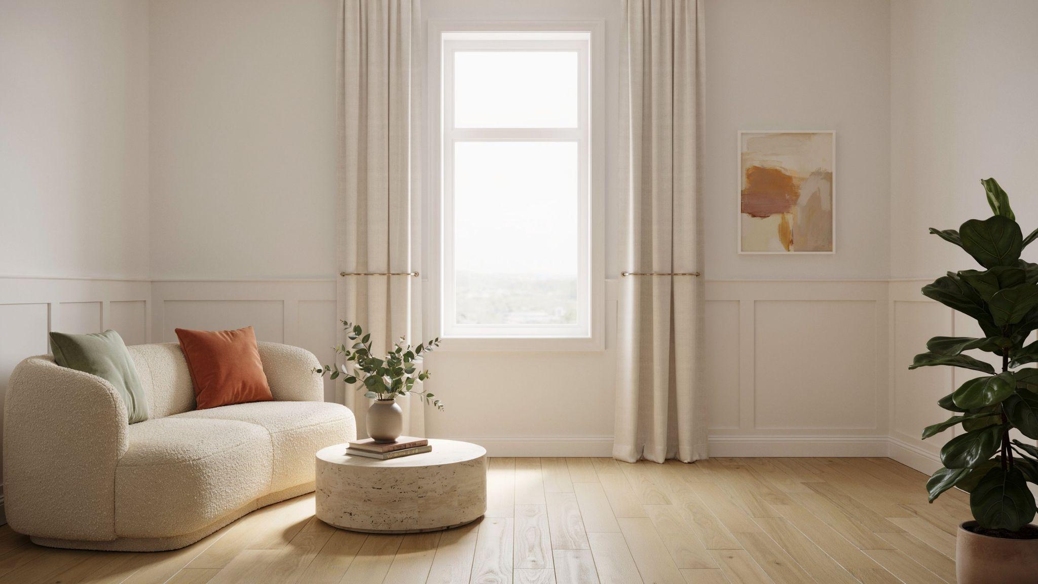 Picture frame window trim creating a custom built-in and polished appearance.