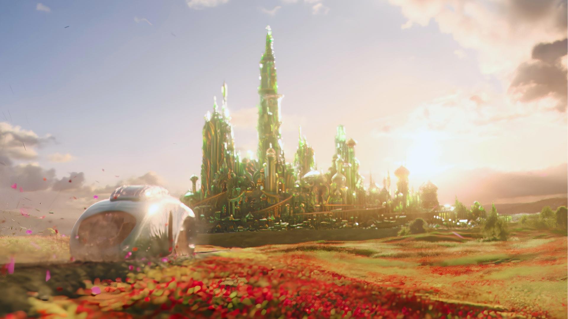 Emerald City towers and bubble in poppy field, CGI shot enhanced by practical sets at Sky Studios Elstree for Wicked.