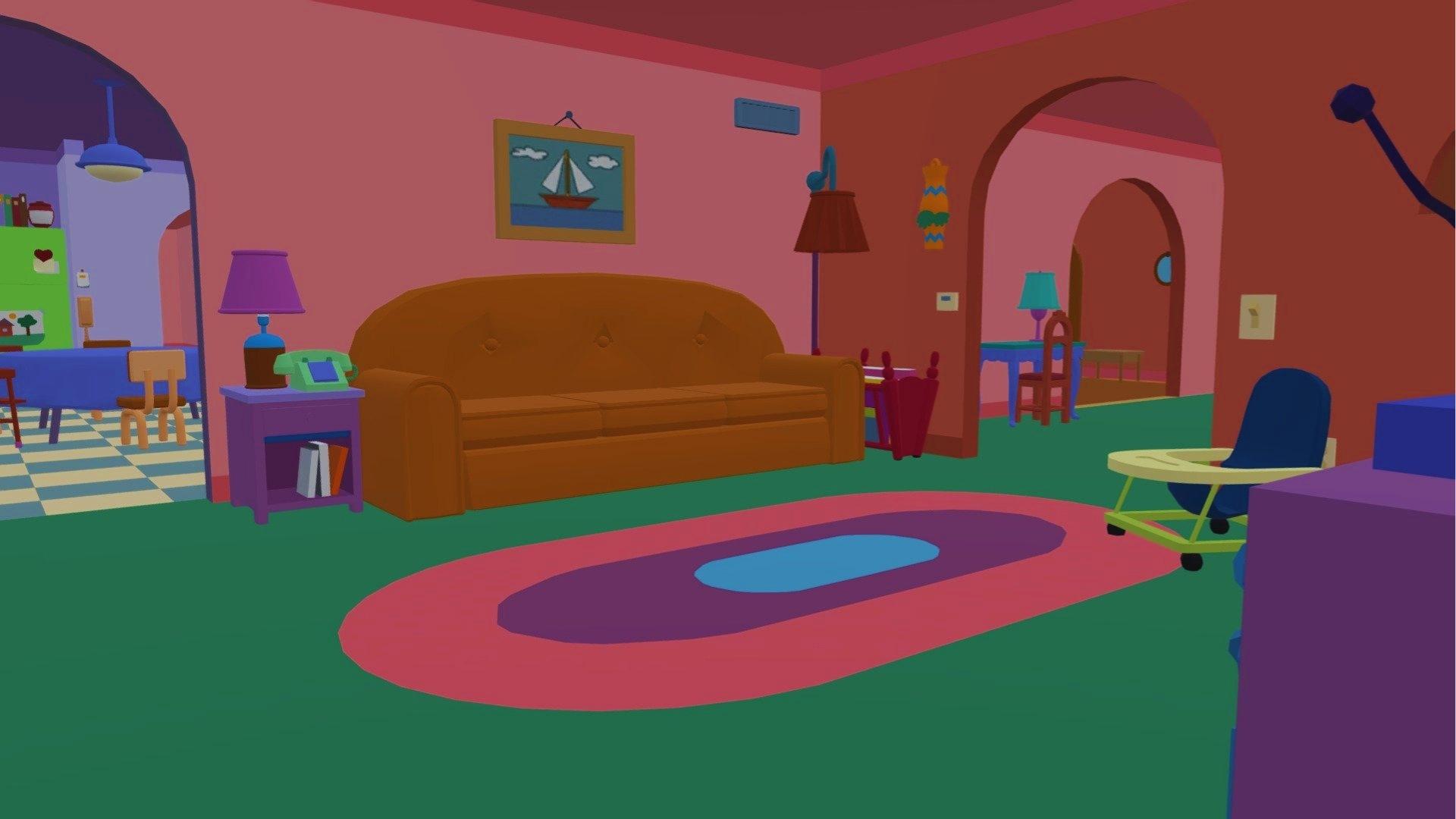 3D render of Simpsons living room with brown couch, sailboat painting, and view into kitchen and dining.