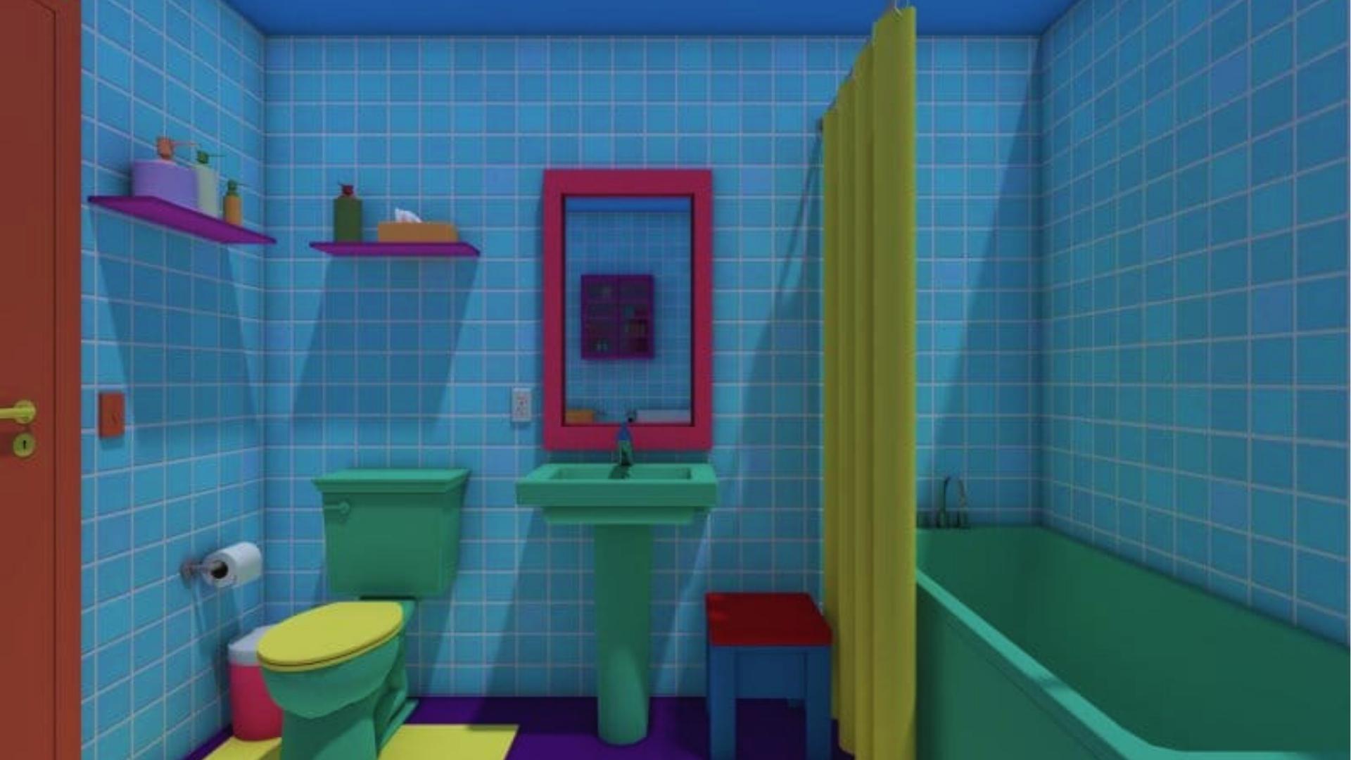 Simpsons bathroom with blue tile walls, green tub and sink, yellow shower curtain, and red mirror.