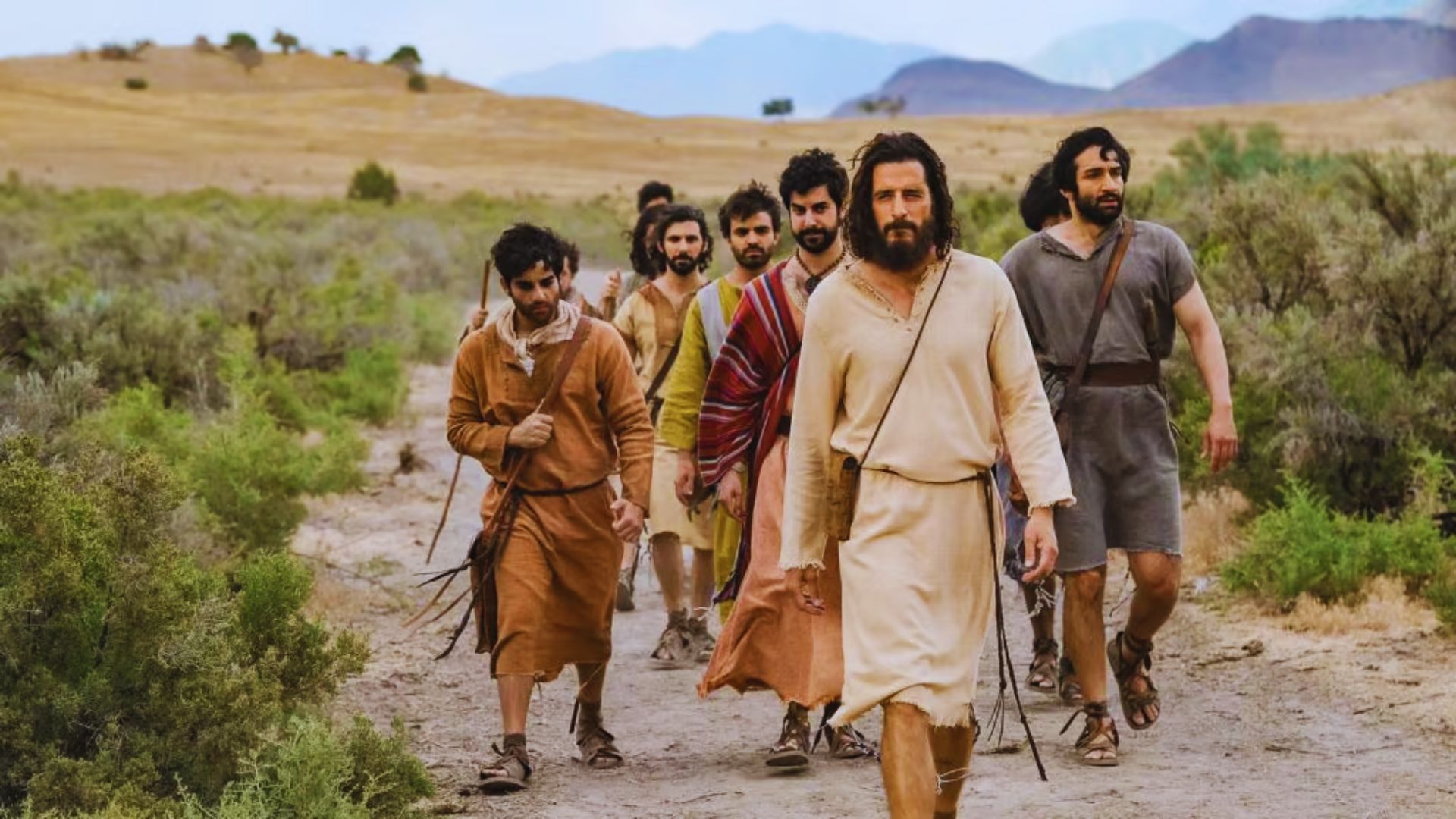 A group of men walking through the jungle.