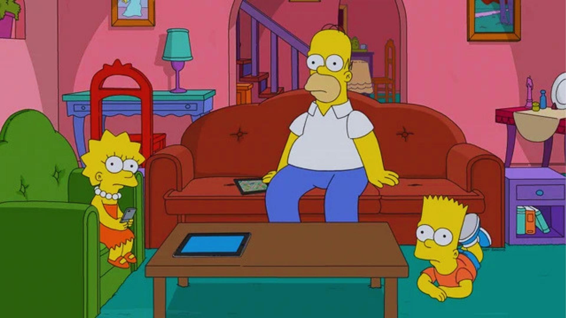 Homer, Lisa, and Bart in Simpsons living room with brown couch, green armchair, and pink walls.