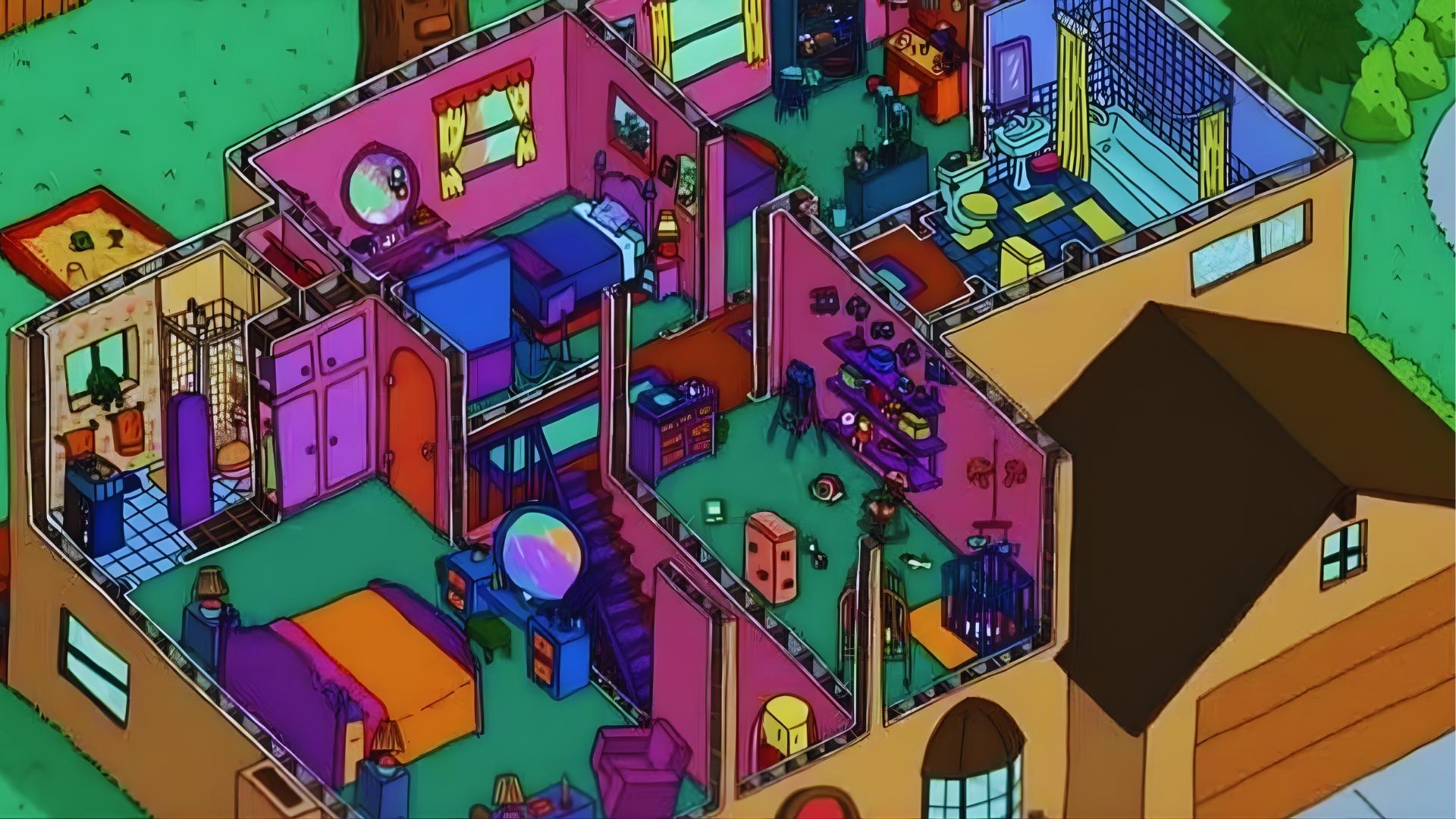 3D cutaway floor plan of The Simpsons house at 742 Evergreen Terrace showing colorful rooms upstairs.