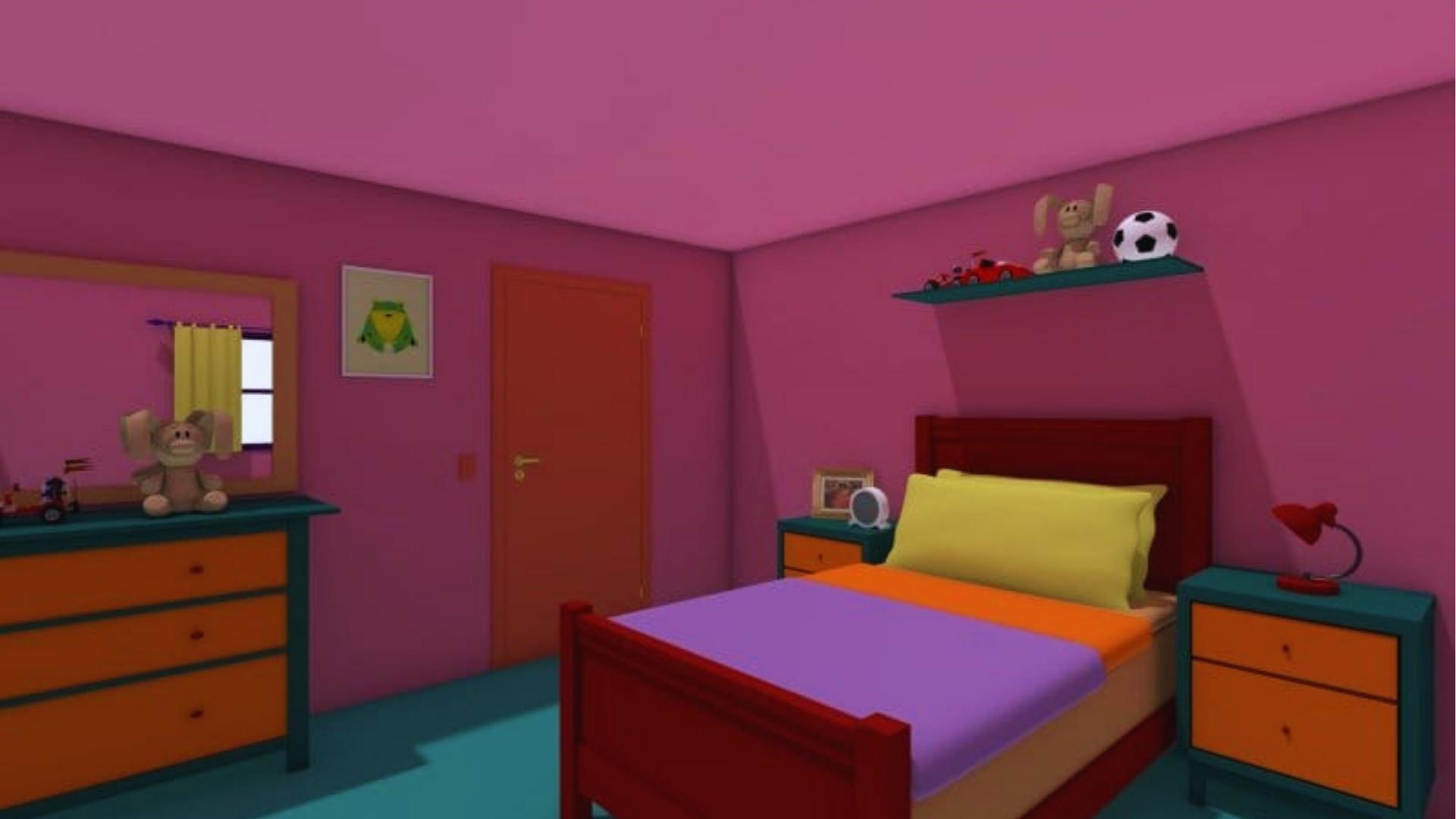 Simpsons house bedroom with purple bed, orange bedding, teal carpet, and Marilyn Monroe art on pink walls.
