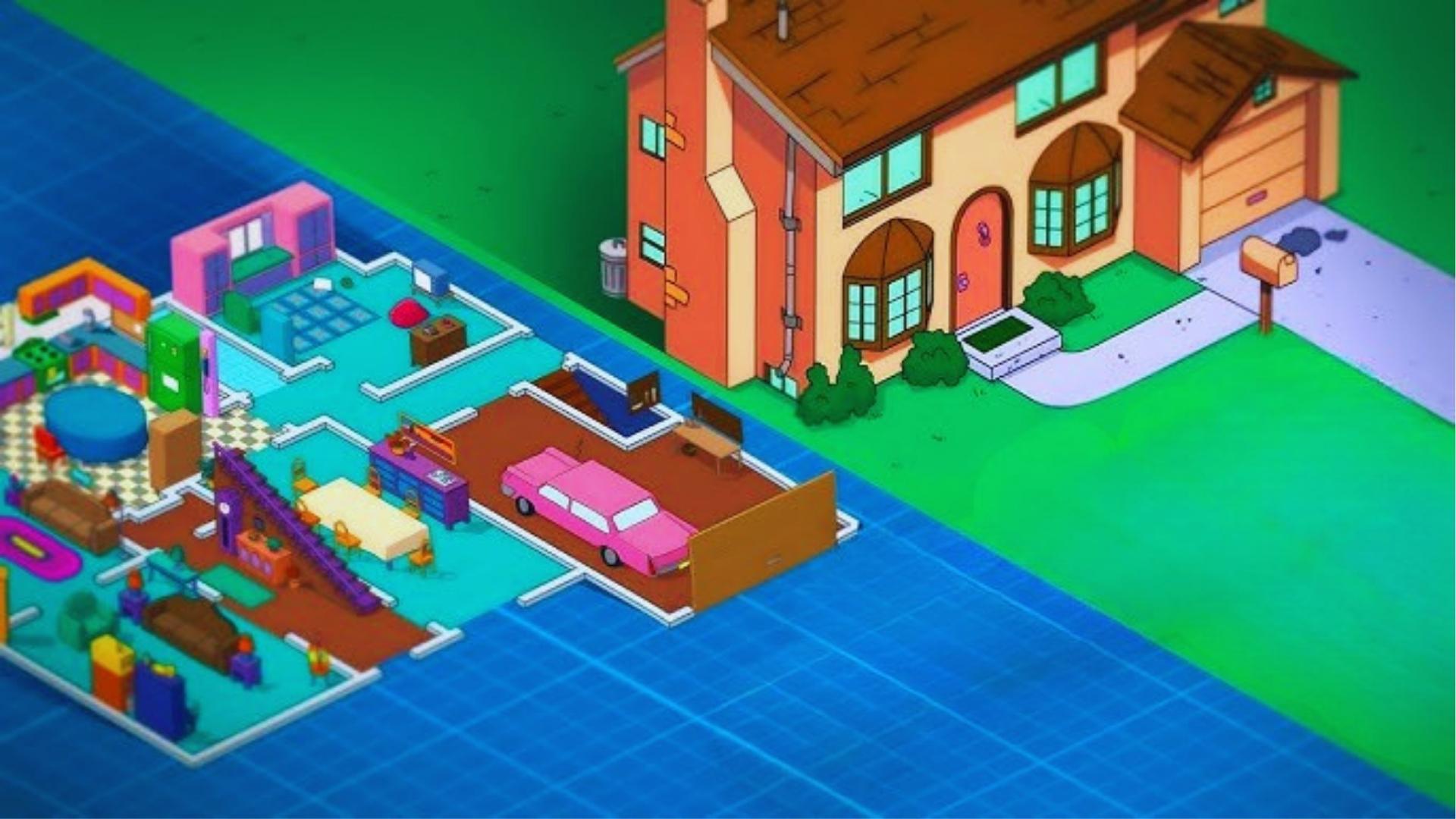 Simpsons house isometric floor model showing 742 Evergreen Terrace layout with pink car in garage.