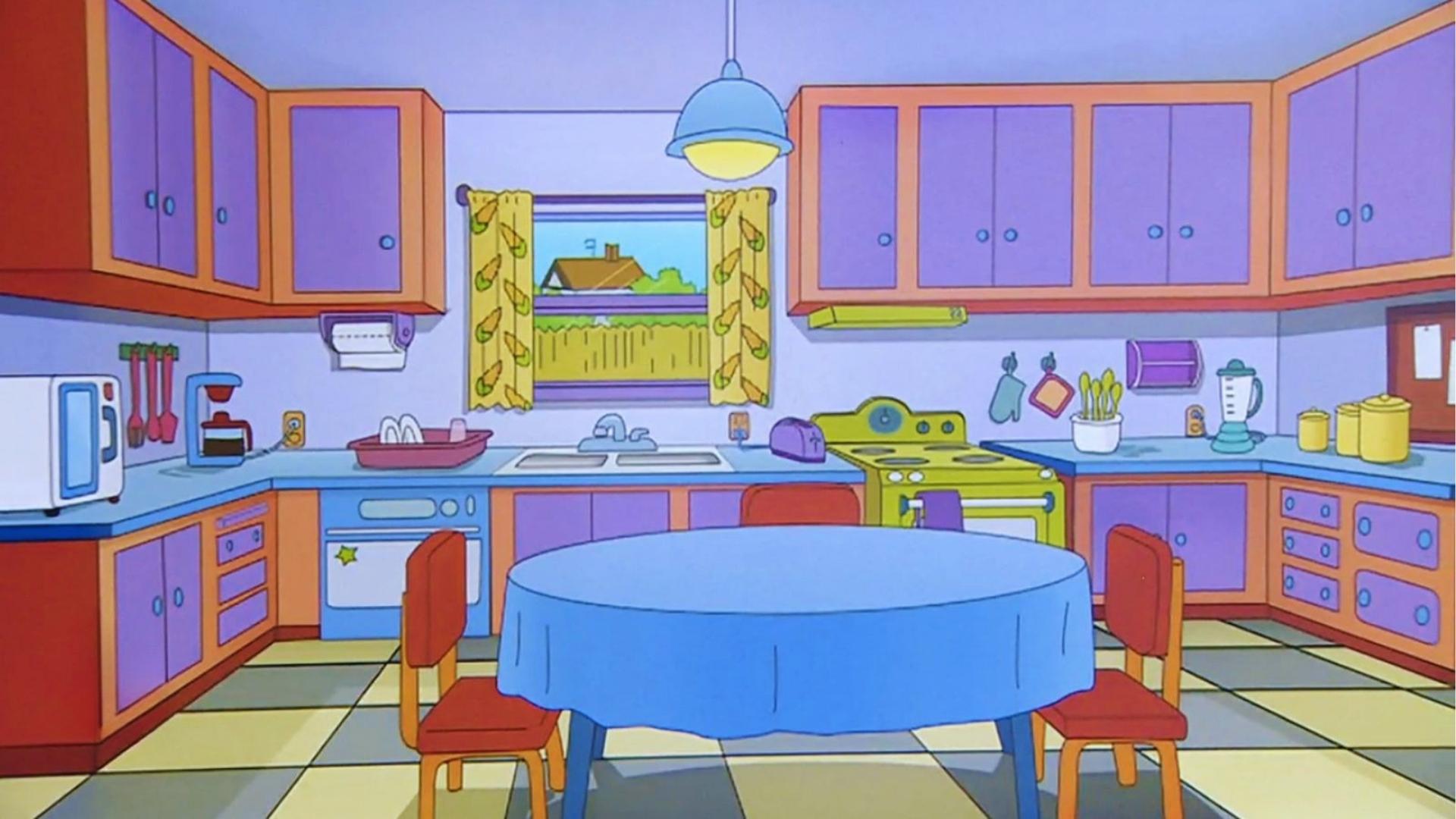 Simpsons kitchen interior with purple cabinets, lime green stove, blue tablecloth, and checkerboard floor.
