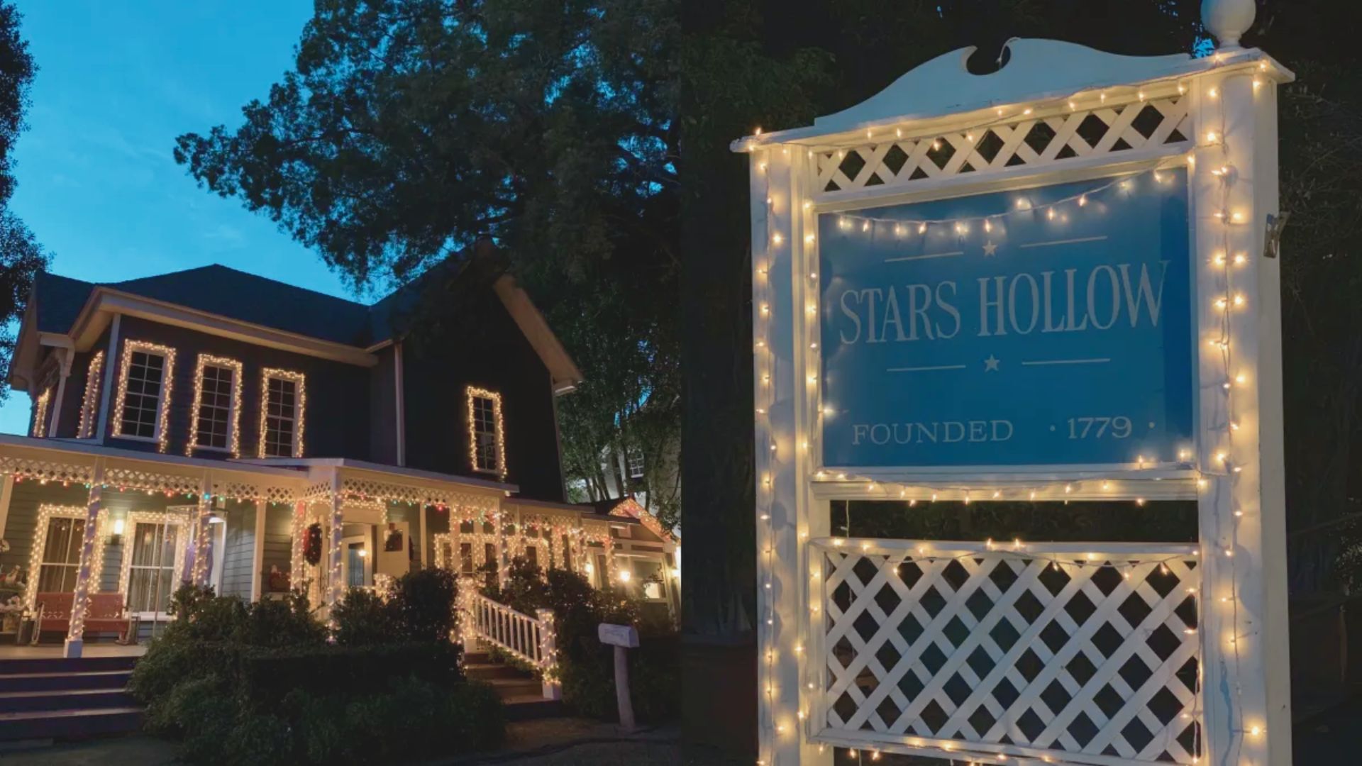 Lighted Stars Hollow in frame during night time.
