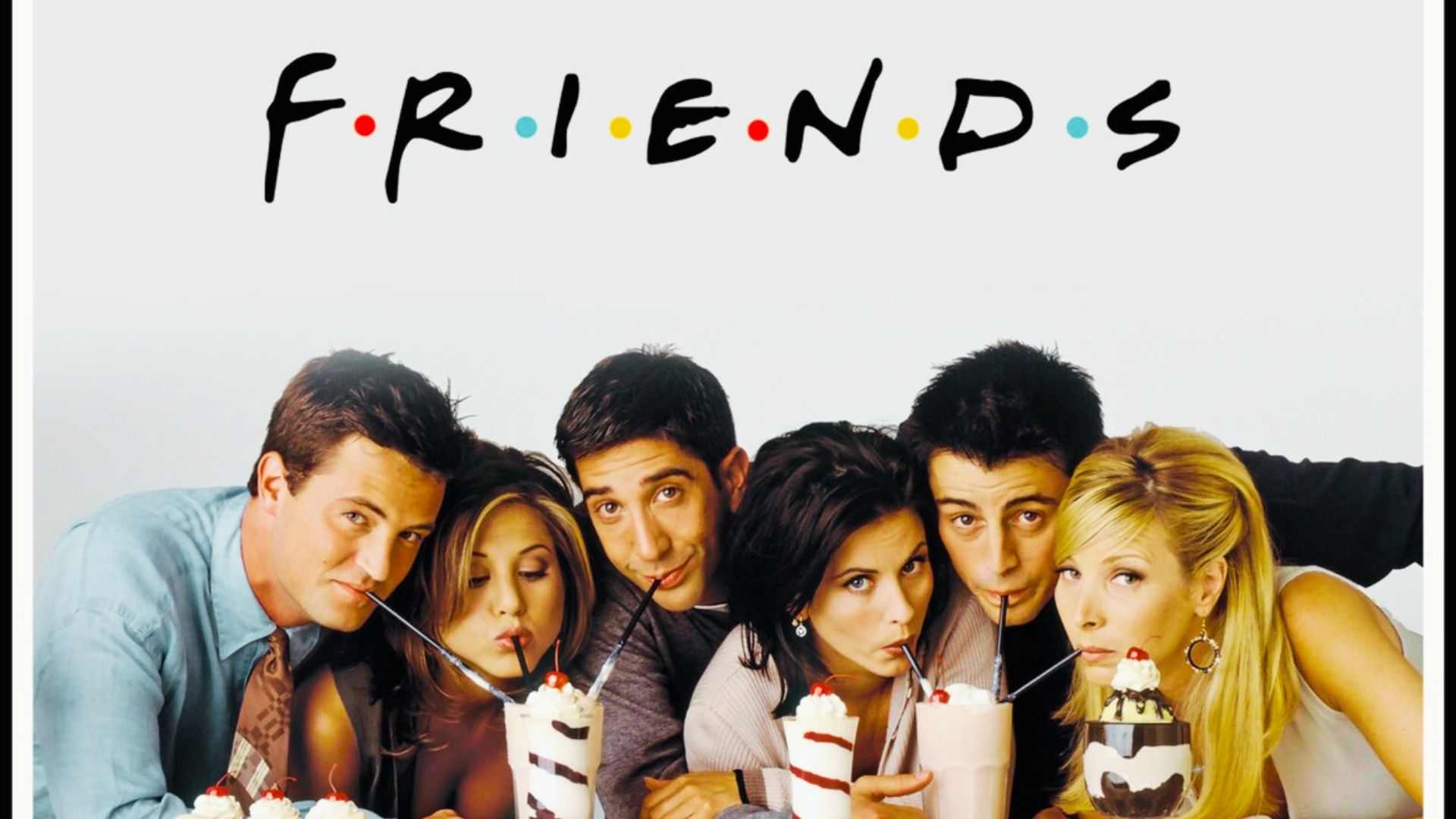 Poster for the TV show "Friends," featuring the main characters in a cozy coffee shop setting.